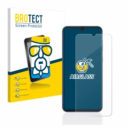 Face avant d’un emballage produit avec le logo de la marque BROTECT. À côté, l’appareil Samsung Galaxy A50 est représenté avec