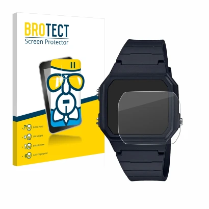 Face avant d’un emballage produit avec le logo de la marque BROTECT. À côté, l’appareil Casio Unisex F-91W est représenté avec