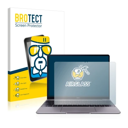 Face avant d’un emballage produit avec le logo de la marque BROTECT. À côté, l’appareil Huawei MateBook 13 2019 est représenté