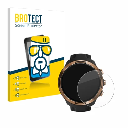 Face avant d’un emballage produit avec le logo de la marque BROTECT. À côté, l’appareil Suunto 9 Baro est représenté avec la p