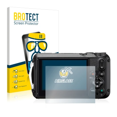 Face avant d’un emballage produit avec le logo de la marque BROTECT. À côté, l’appareil Ricoh WG-6 est représenté avec la prot