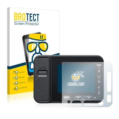 Face avant d’un emballage produit avec le logo de la marque BROTECT. À côté, l’appareil Sony DSC-RX0M2 (RX0 II) est représenté