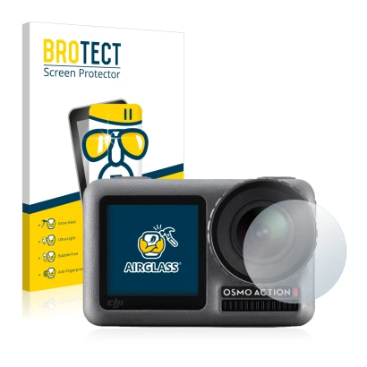 Face avant d’un emballage produit avec le logo de la marque BROTECT. À côté, l’appareil DJI Osmo Action (Lentille) est représe