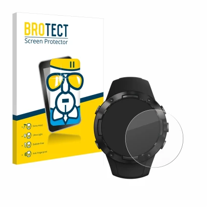 Face avant d’un emballage produit avec le logo de la marque BROTECT. À côté, l’appareil Suunto 5 est représenté avec la protec