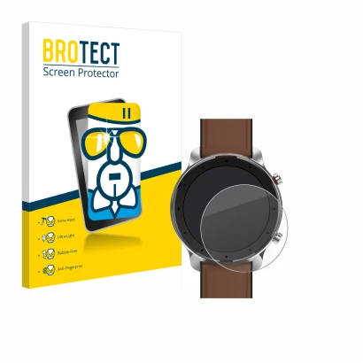 Face avant d’un emballage produit avec le logo de la marque BROTECT. À côté, l’appareil Huami Amazfit GTR (47 mm) est représen