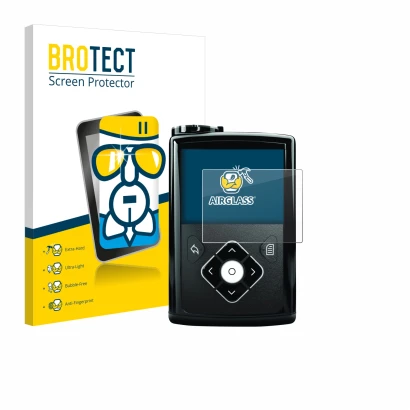 Face avant d’un emballage produit avec le logo de la marque BROTECT. À côté, l’appareil Medtronic Minimed 640G est représenté 