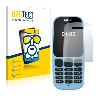 Face avant d’un emballage produit avec le logo de la marque BROTECT. À côté, l’appareil Nokia 105 2019 est représenté avec la 