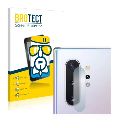 Face avant d’un emballage produit avec le logo de la marque BROTECT. À côté, l’appareil Samsung Galaxy Note 10 Plus (Caméra UN