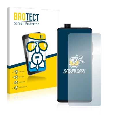 Face avant d’un emballage produit avec le logo de la marque BROTECT. À côté, l’appareil Xiaomi Mi 9T Pro est représenté avec l