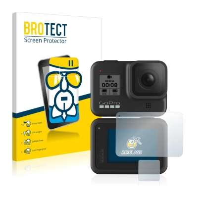 Face avant d’un emballage produit avec le logo de la marque BROTECT. À côté, l’appareil GoPro Hero 8 Black est représenté avec