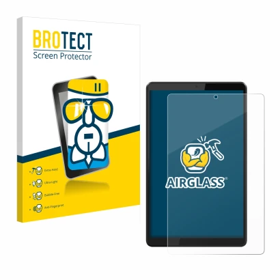 Face avant d’un emballage produit avec le logo de la marque BROTECT. À côté, l’appareil Lenovo Tab M8 est représenté avec la p