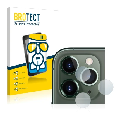 Face avant d’un emballage produit avec le logo de la marque BROTECT. À côté, l’appareil Apple iPhone 11 Pro Max (Caméra UNIQUE