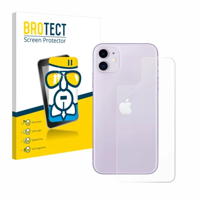 Face avant d’un emballage produit avec le logo de la marque BROTECT. À côté, l’appareil Apple iPhone 11 (Arrière) est représen