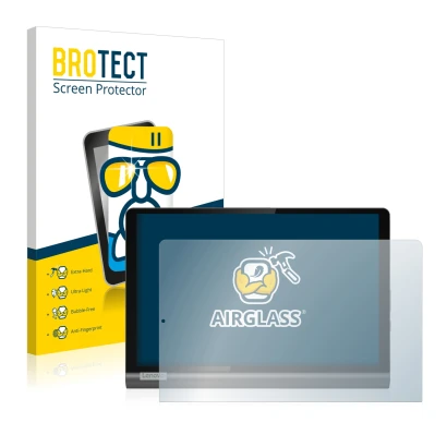 Face avant d’un emballage produit avec le logo de la marque BROTECT. À côté, l’appareil Lenovo Yoga SmartTab est représenté av