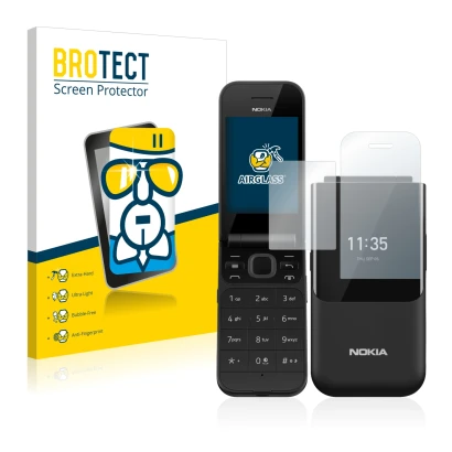 Face avant d’un emballage produit avec le logo de la marque BROTECT. À côté, l’appareil Nokia 2720 Flip est représenté avec la