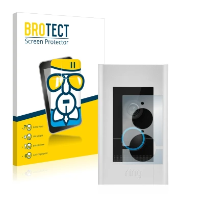 Face avant d’un emballage produit avec le logo de la marque BROTECT. À côté, l’appareil Ring Video Doorbell Elite est représen