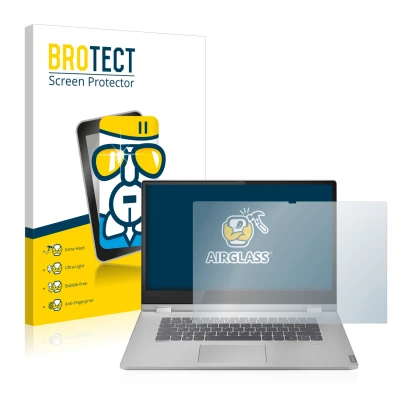 Face avant d’un emballage produit avec le logo de la marque BROTECT. À côté, l’appareil Lenovo IdeaPad C340 15" est représenté