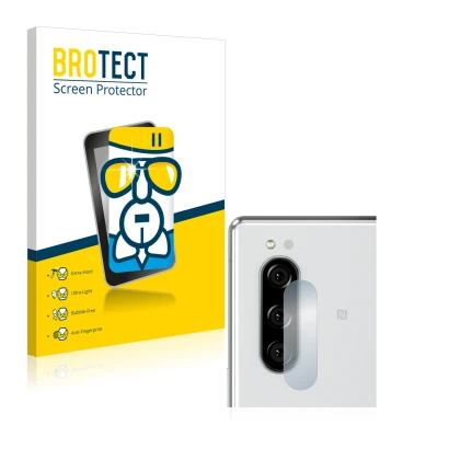 Face avant d’un emballage produit avec le logo de la marque BROTECT. À côté, l’appareil Sony Xperia 5 (Caméra UNIQUEMENT) est