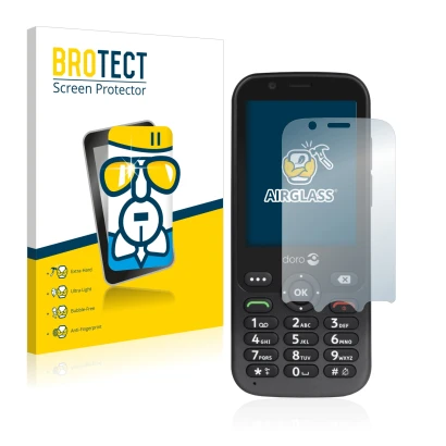 Face avant d’un emballage produit avec le logo de la marque BROTECT. À côté, l’appareil Doro 7010 est représenté avec la prote