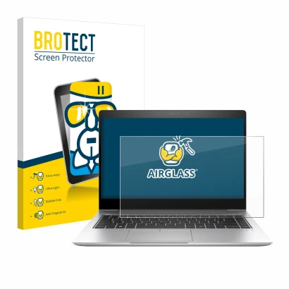 Face avant d’un emballage produit avec le logo de la marque BROTECT. À côté, l’appareil HP EliteBook 840 G6 est représenté ave