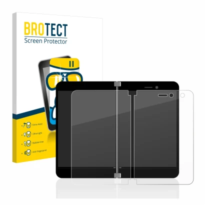 Face avant d’un emballage produit avec le logo de la marque BROTECT. À côté, l’appareil Microsoft Surface Duo est représenté a
