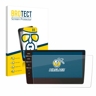 Face avant d’un emballage produit avec le logo de la marque BROTECT. À côté, l’appareil Volkswagen Touran 2019 Discover Pro 9.