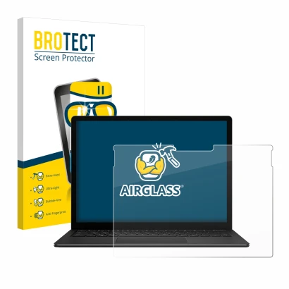 Face avant d’un emballage produit avec le logo de la marque BROTECT. À côté, l’appareil Microsoft Surface Book 3 13.5" est rep