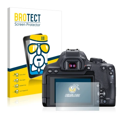 Face avant d’un emballage produit avec le logo de la marque BROTECT. À côté, l’appareil Canon EOS 850D est représenté avec la