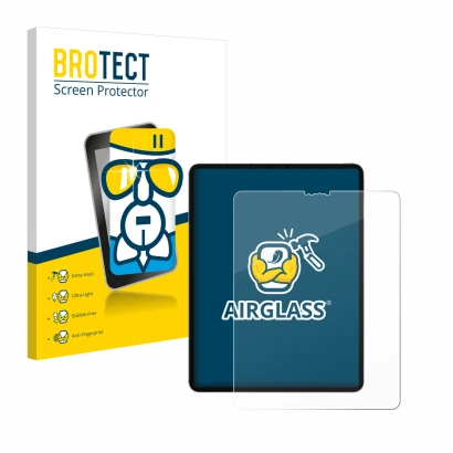 Face avant d’un emballage produit avec le logo de la marque BROTECT. À côté, l’appareil Apple iPad 12.9" Pro 2020 (4ème Gen.) 