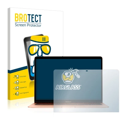 Face avant d’un emballage produit avec le logo de la marque BROTECT. À côté, l’appareil Apple MacBook Air 13.3