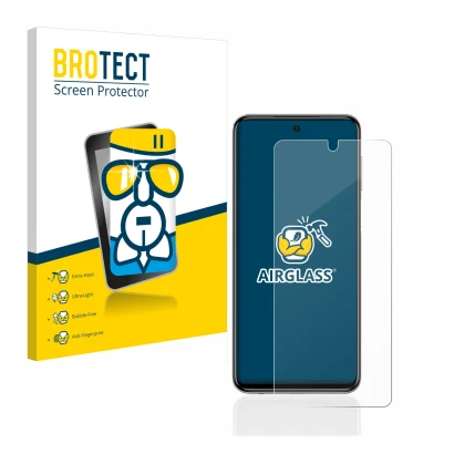 Face avant d’un emballage produit avec le logo de la marque BROTECT. À côté, l’appareil Xiaomi Redmi Note 9S est représenté av