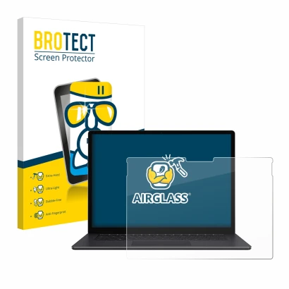 Face avant d’un emballage produit avec le logo de la marque BROTECT. À côté, l’appareil Microsoft Surface Book 3 15