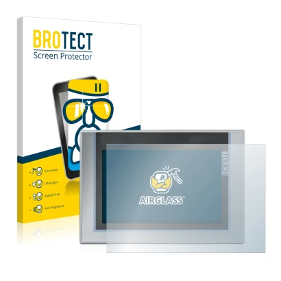 Face avant d’un emballage produit avec le logo de la marque BROTECT. À côté, l’appareil Siemens Simatic TP1200 Comfort est rep