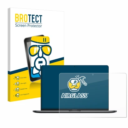 Face avant d’un emballage produit avec le logo de la marque BROTECT. À côté, l’appareil Apple MacBook Pro 13" 2020 est représe