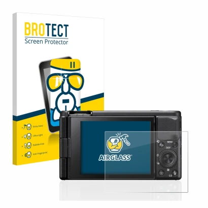 Face avant d’un emballage produit avec le logo de la marque BROTECT. À côté, l’appareil Sony ZV-1 est représenté avec la prote