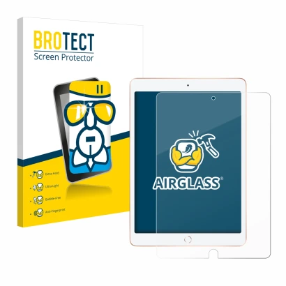 Face avant d’un emballage produit avec le logo de la marque BROTECT. À côté, l’appareil Apple iPad 10.2" WiFi 2020 (8ème Gen.)