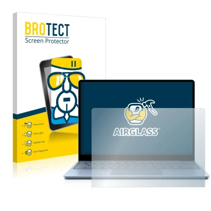 Face avant d’un emballage produit avec le logo de la marque BROTECT. À côté, l’appareil Microsoft Surface Laptop Go est représ