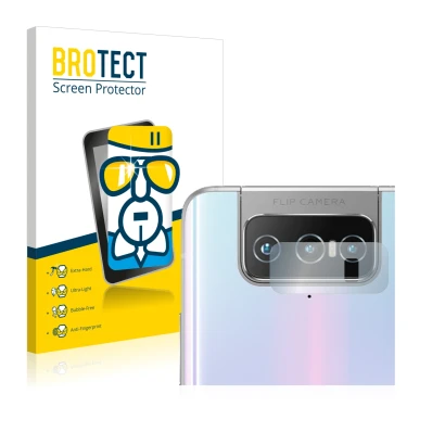 Face avant d’un emballage produit avec le logo de la marque BROTECT. À côté, l’appareil ASUS Zenfone 7 Pro ZS671KS (Caméra UNI