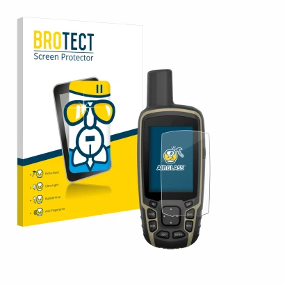 Face avant d’un emballage produit avec le logo de la marque BROTECT. À côté, l’appareil Garmin GPSMAP 65s est représenté avec