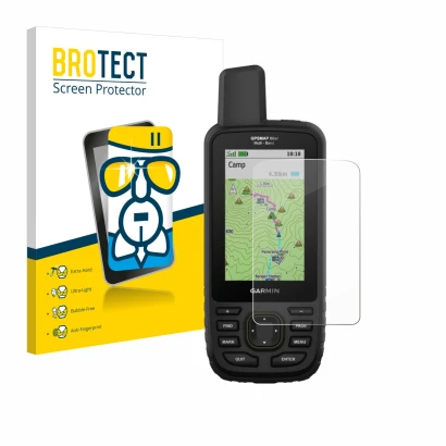 Face avant d’un emballage produit avec le logo de la marque BROTECT. À côté, l’appareil Garmin GPSMAP 66sr est représenté avec