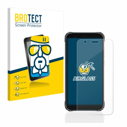 Face avant d’un emballage produit avec le logo de la marque BROTECT. À côté, l’appareil Blackview BV4900 Pro est représenté av