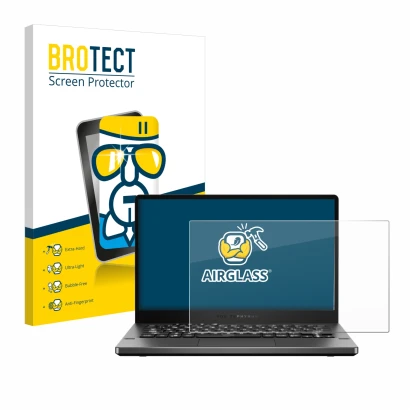 Face avant d’un emballage produit avec le logo de la marque BROTECT. À côté, l’appareil ASUS ROG Zephyrus G14 GA401 est représ