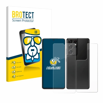 Face avant d’un emballage produit avec le logo de la marque BROTECT. À côté, l’appareil Samsung Galaxy S21 Ultra 5G (Avant+Arr