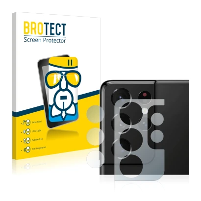 Face avant d’un emballage produit avec le logo de la marque BROTECT. À côté, l’appareil Samsung Galaxy S21 Ultra 5G (Caméra UN