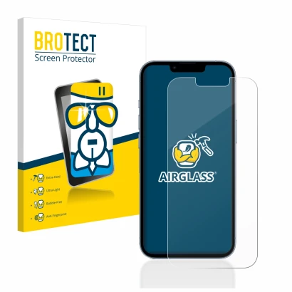 Face avant d’un emballage produit avec le logo de la marque BROTECT. À côté, l’appareil Apple iPhone 13 Pro est représenté ave