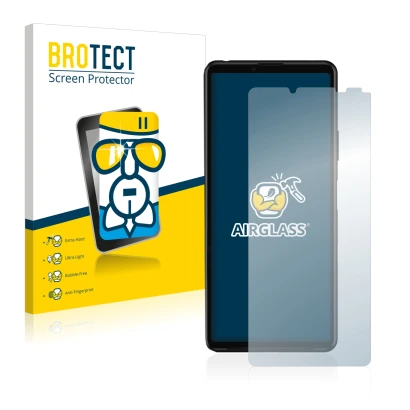 Face avant d’un emballage produit avec le logo de la marque BROTECT. À côté, l’appareil Sony Xperia 10 III est représenté avec