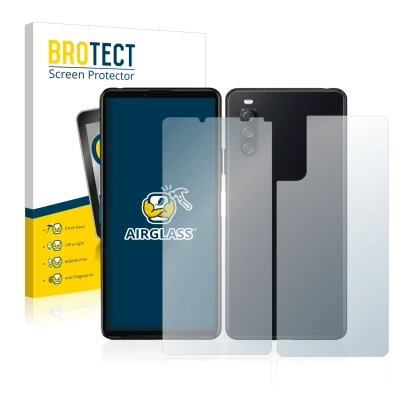 Face avant d’un emballage produit avec le logo de la marque BROTECT. À côté, l’appareil Sony Xperia 10 III (Avant+Arrière) est