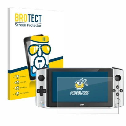 Face avant d’un emballage produit avec le logo de la marque BROTECT. À côté, l’appareil GPD Win 3 est représenté avec la prote