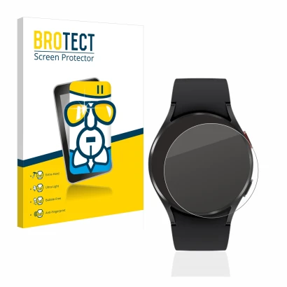 Face avant d’un emballage produit avec le logo de la marque BROTECT. À côté, l’appareil Samsung Galaxy Watch 4 (40mm) est repr