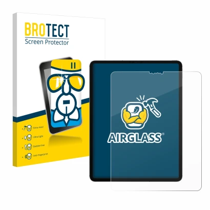 Face avant d’un emballage produit avec le logo de la marque BROTECT. À côté, l’appareil Apple iPad Pro 12.9